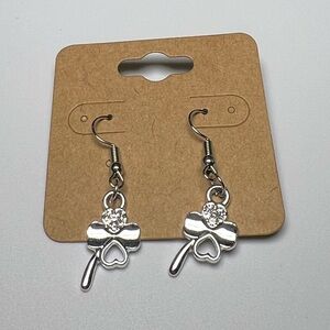 Four Leaf Clover Silver Tone Dangling Earrings with Diamond simulant